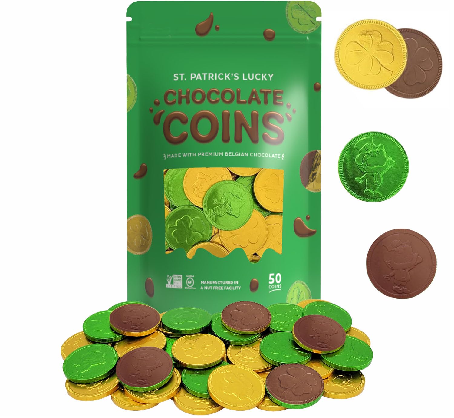 Fruidles St. Patrick's Day coins in gold-green foil for festive snacking.