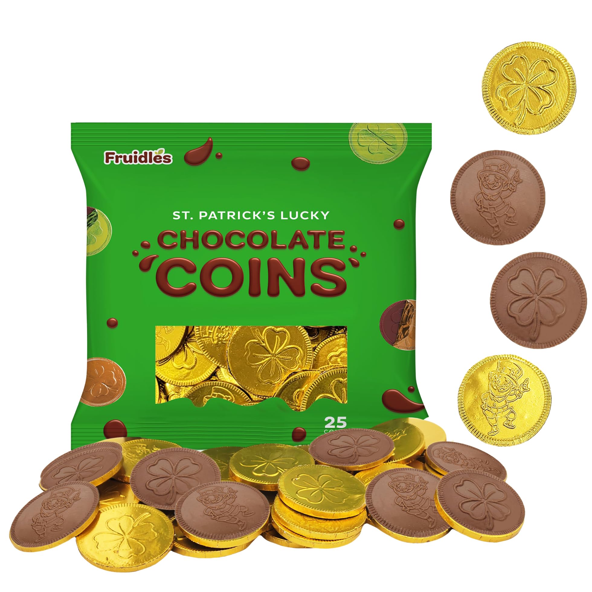 Fruidles St. Patrick's Day gold coins in gold foil, ideal for party favors.