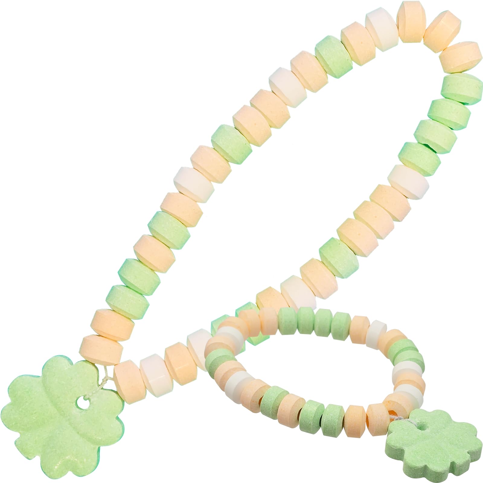 Fruidles St. Patrick's shamrock bracelet in pastel beads, a playful edible accessory for kids.