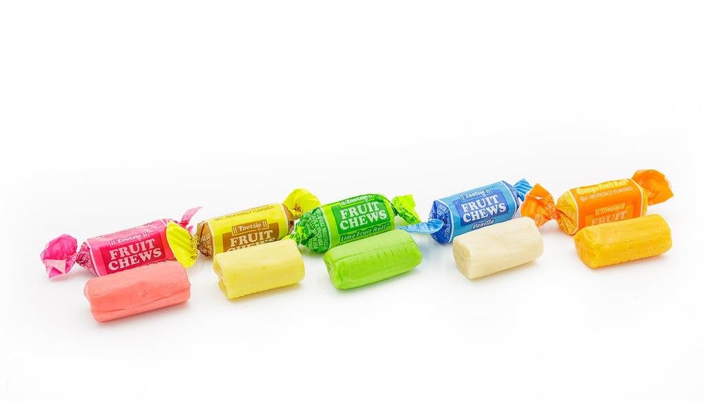 FRUIT CHEWS Candy transparent-packaging shows color mix while protecting freshness.