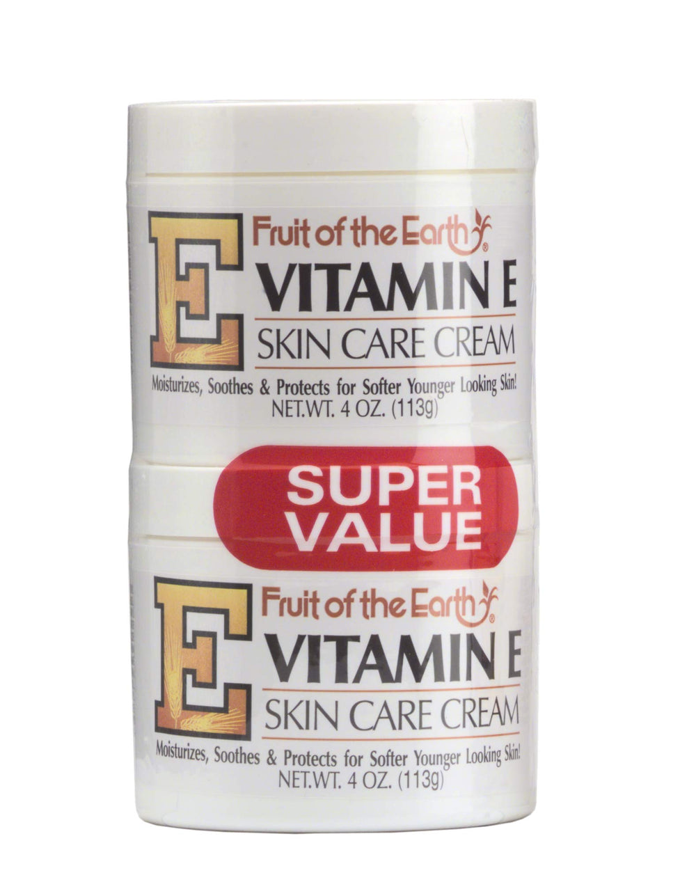 Fruit of the Earth Vitamin-E Cream 4-ounce jar for moisturized skin.