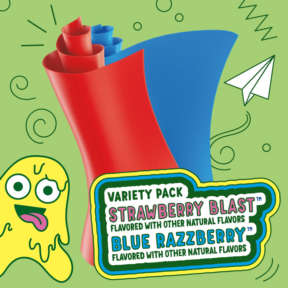 Fruit Roll-Ups on-the-go snack in a kid's backpack, easy to carry.