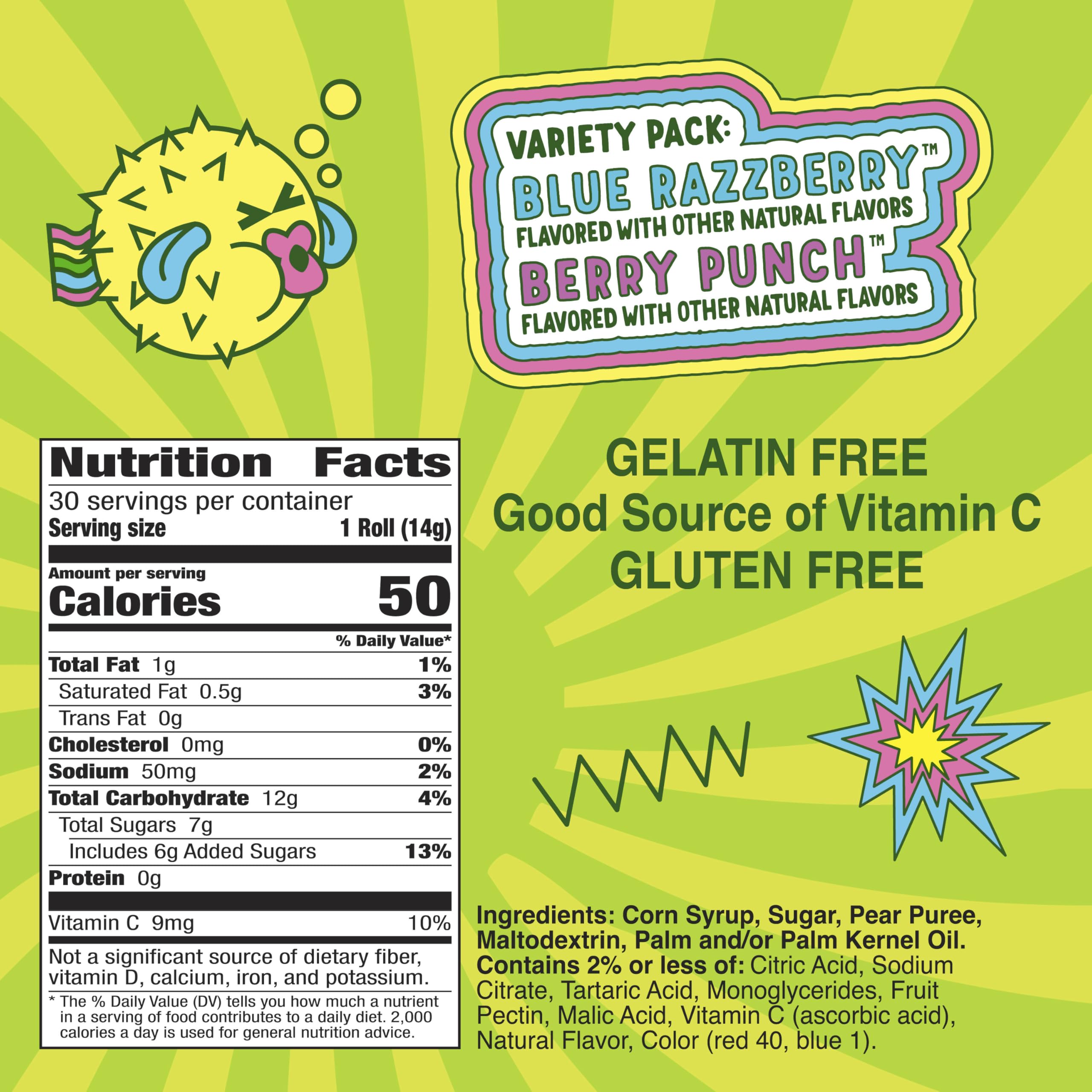 Fruit Roll-Ups Sour Berry Punch packfront highlights two bold flavors for playfully tangy snacking.