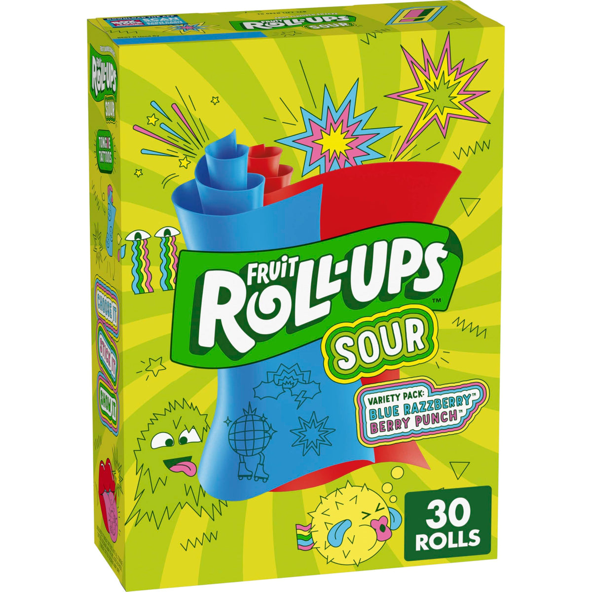 Fruit Roll-Ups Sour Blue Razzberry packfront showcases gluten-free, vitamin C-rich snacks for on-the-go fun.