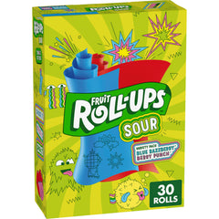 Fruit Roll-Ups Sour Blue Razzberry packfront showcases gluten-free, vitamin C-rich snacks for on-the-go fun.