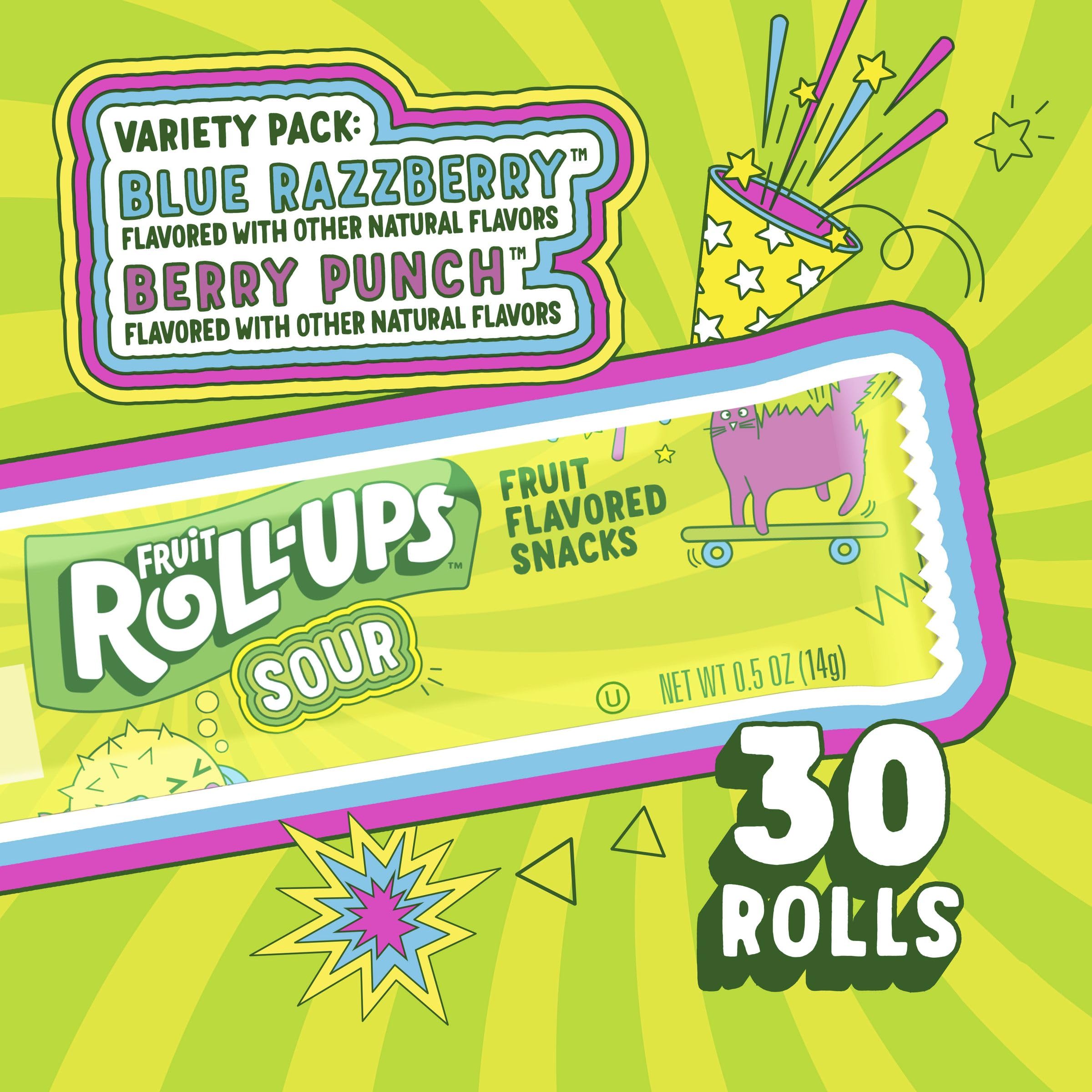 Fruit Roll-Ups Sour Blue Razzberry taste closeup emphasizes crisp tartness your taste buds can enjoy.