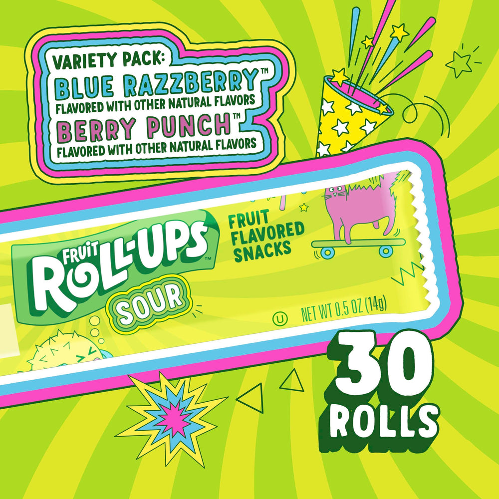 Fruit Roll-Ups Sour Blue Razzberry taste closeup emphasizes crisp tartness your taste buds can enjoy.