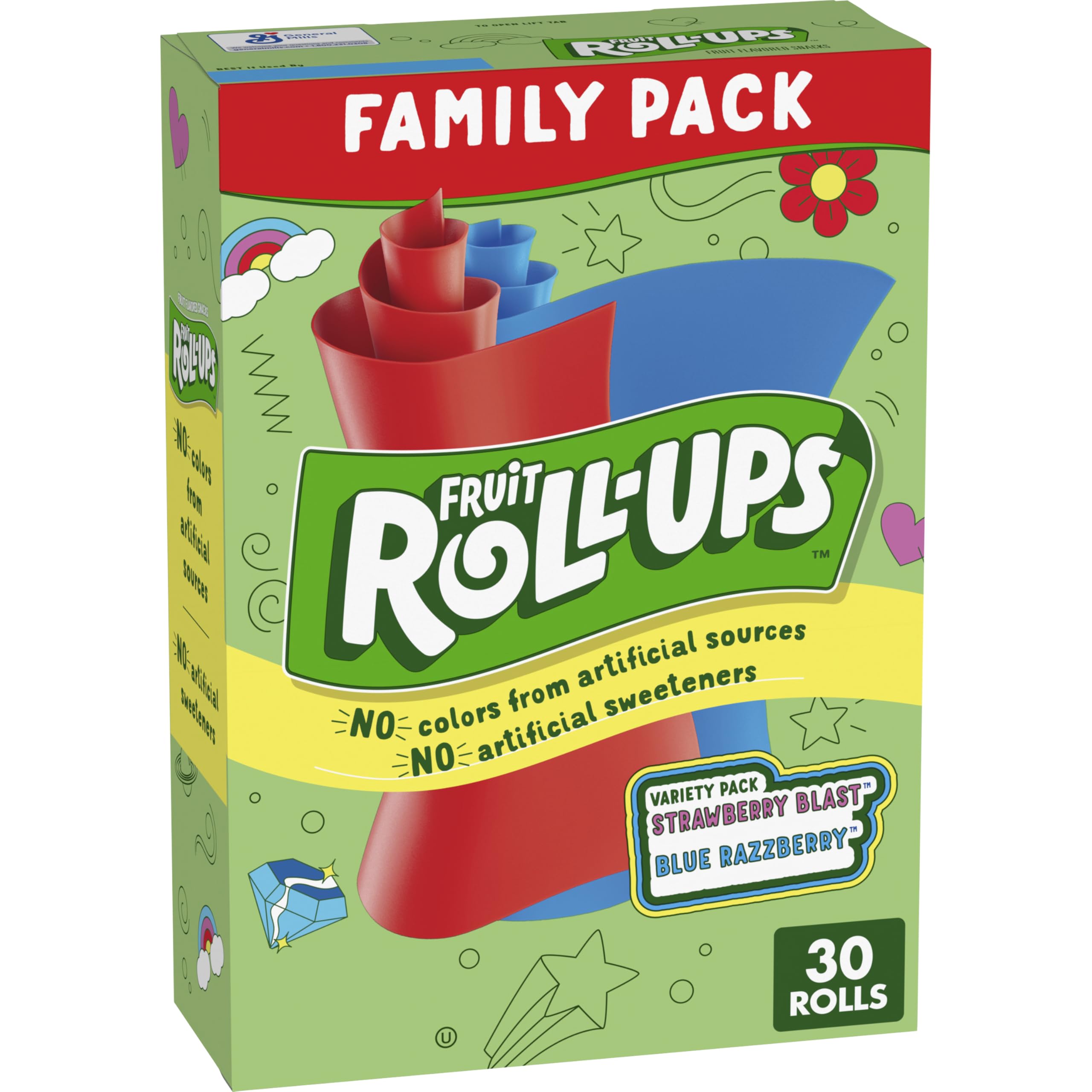 Fruit Roll-Ups variety pack box shows two flavors for family-friendly snacking.