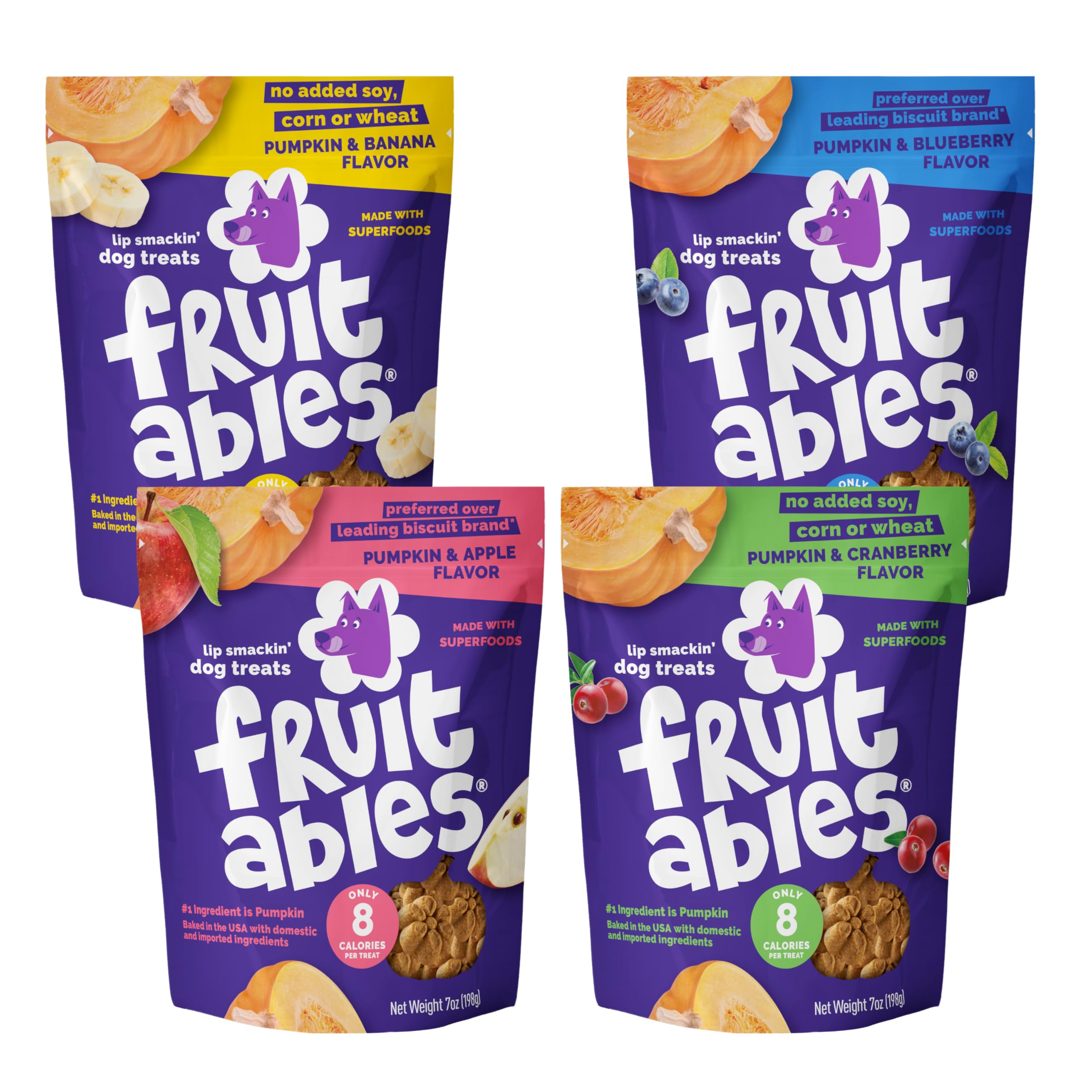 Fruitables Baked Dog Treats Variety 4 Pack packaging front image for easy selection.