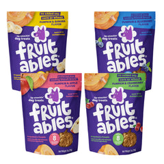 Fruitables Baked Dog Treats Variety 4 Pack packaging front image for easy selection.