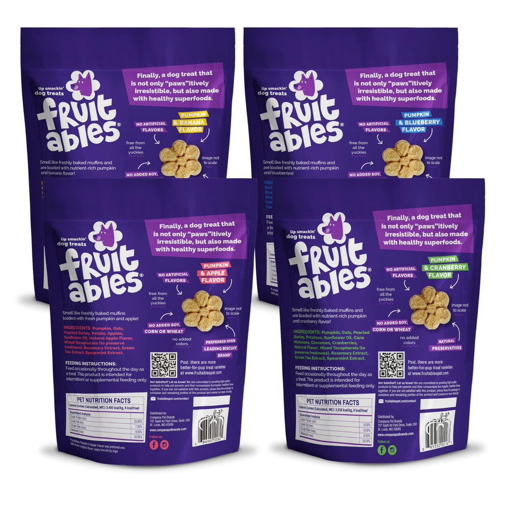 Fruitables Baked Dog Treats Variety 4 Pack pumpkin-apple close-up for training rewards.