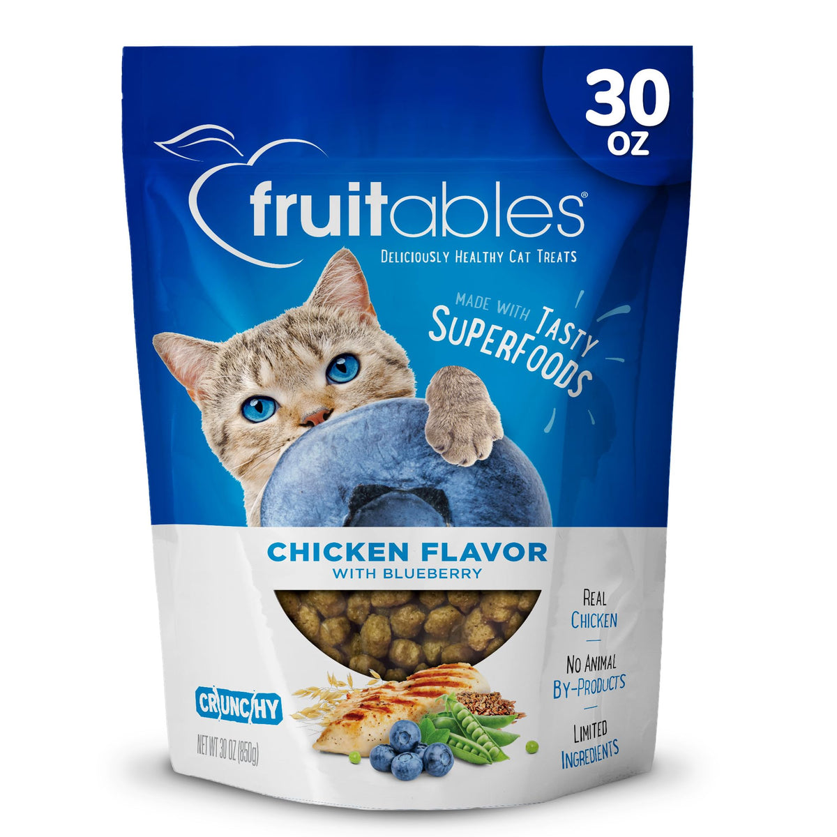 Fruitables Chicken & Blueberry Crunchy Cat Treats bag shows real protein for picky eaters.
