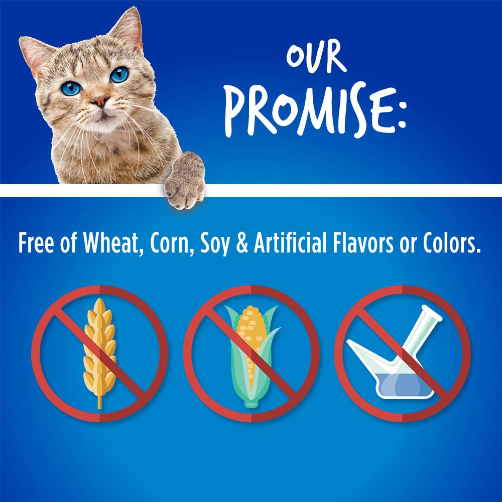 Product highlights free-from wheat, corn, and soy in Fruitables cat treats.