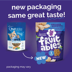 Ingredient emphasis on flaxseed and cranberry in Fruitables cat treats.