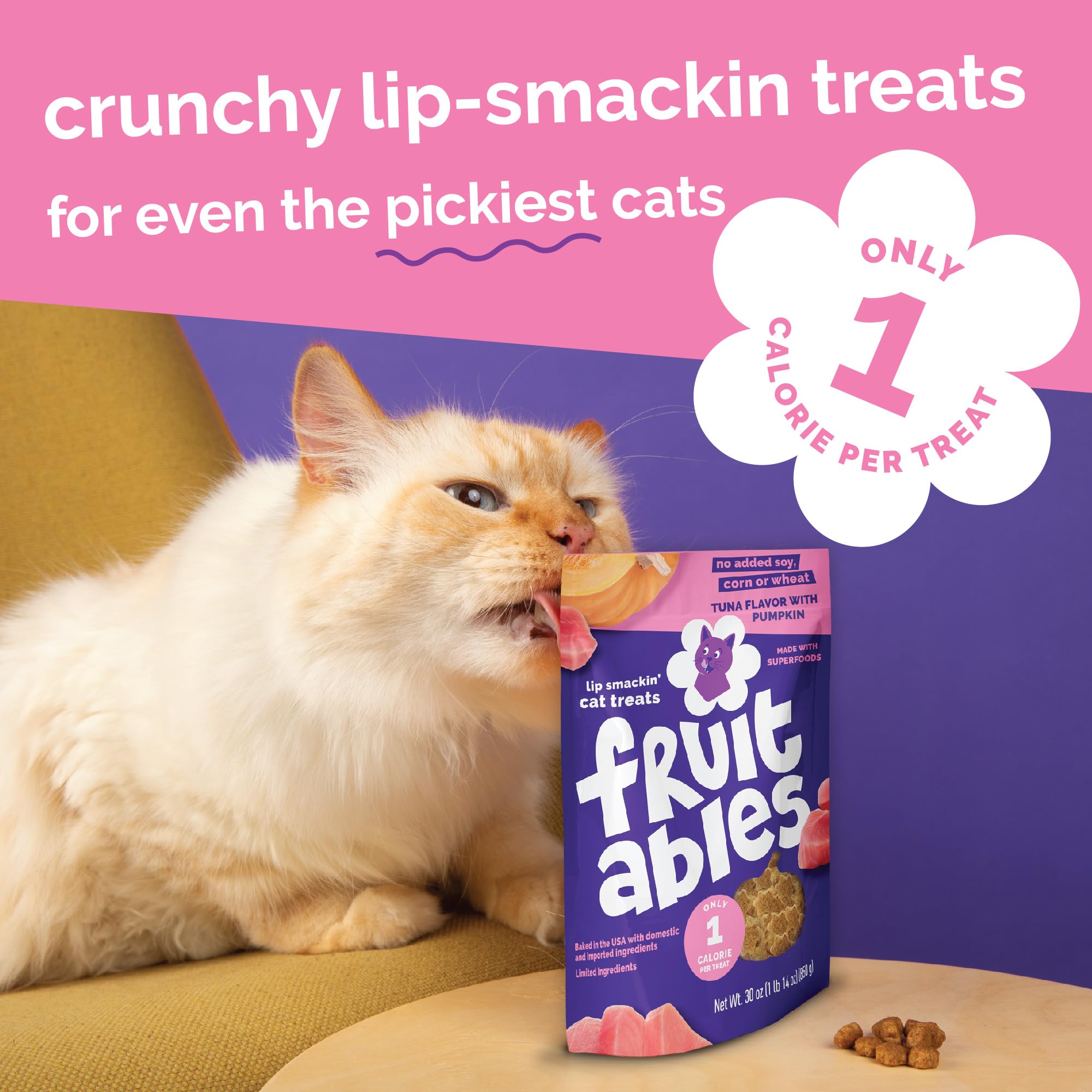 Fruitables indoor-cat-snack-time close-up, appealing aroma and crunchy texture for indoor cats.