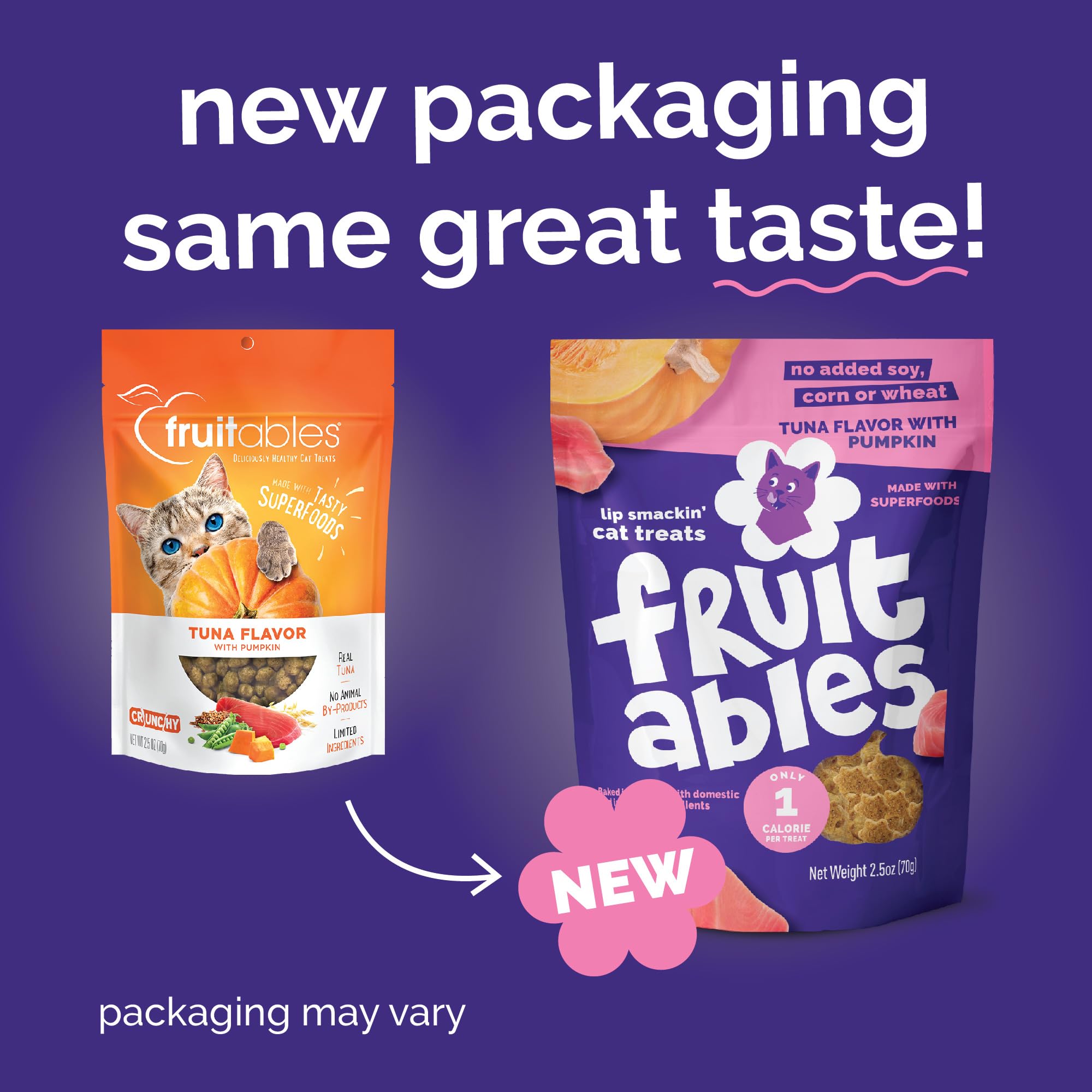 Fruitables real tuna pumpkin treats close-up, flavorful snack that supports portion control.