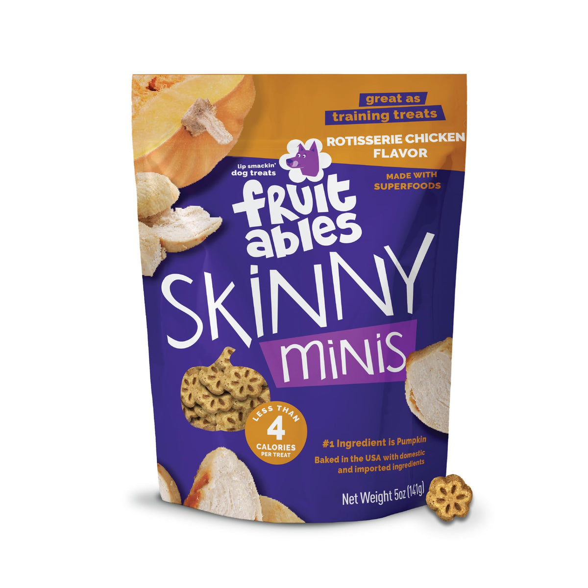 Fruitables Skinny Minis rotisserie chicken treats ideal for training rewards.
