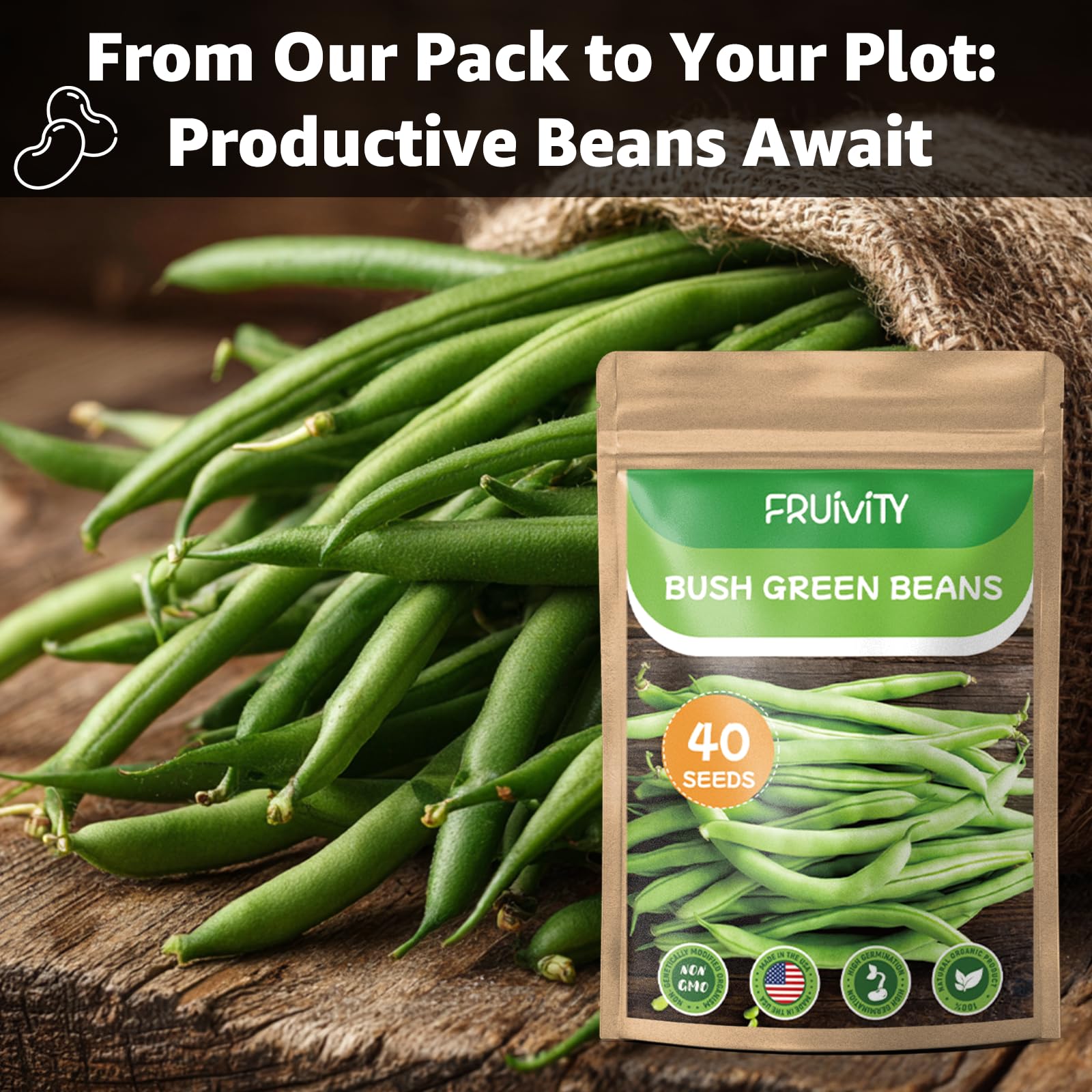Fruivity 40 Contender bush bean seeds, open-pollinated and beginner-friendly for containers.