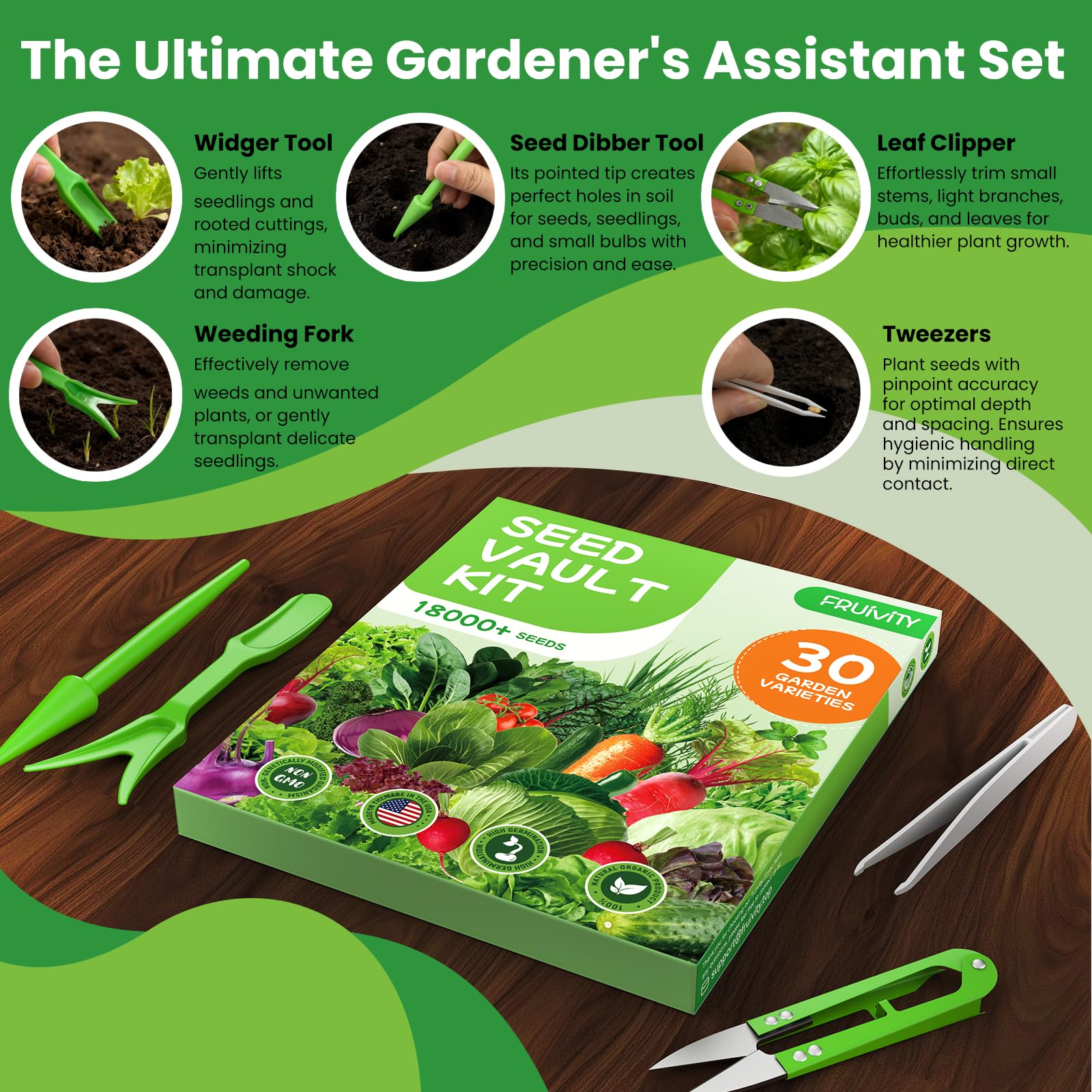 Fruivity tweezers and seed dibber for careful seed placement.