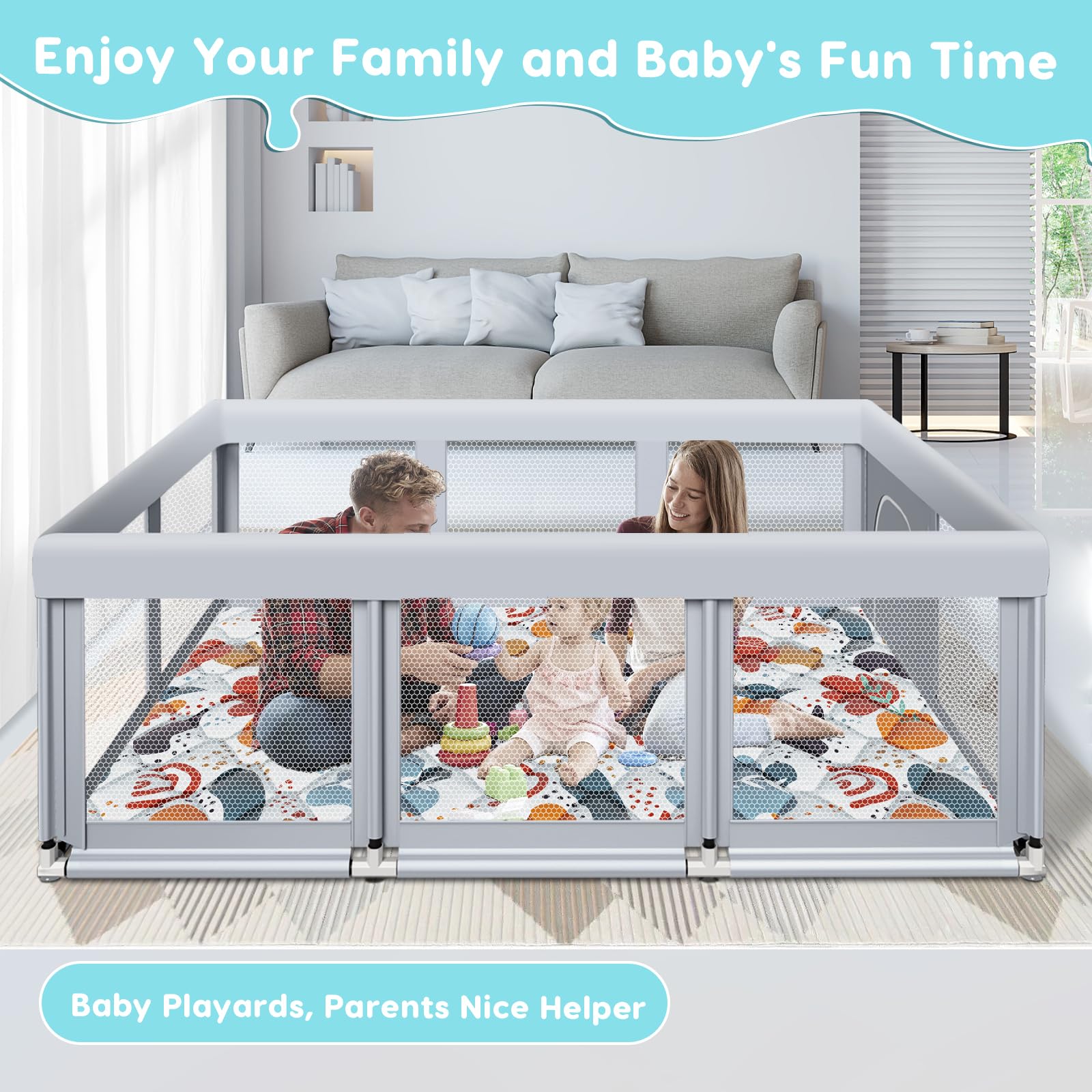 Fshibila playpen with breathable mesh shows clear visibility for supervision.