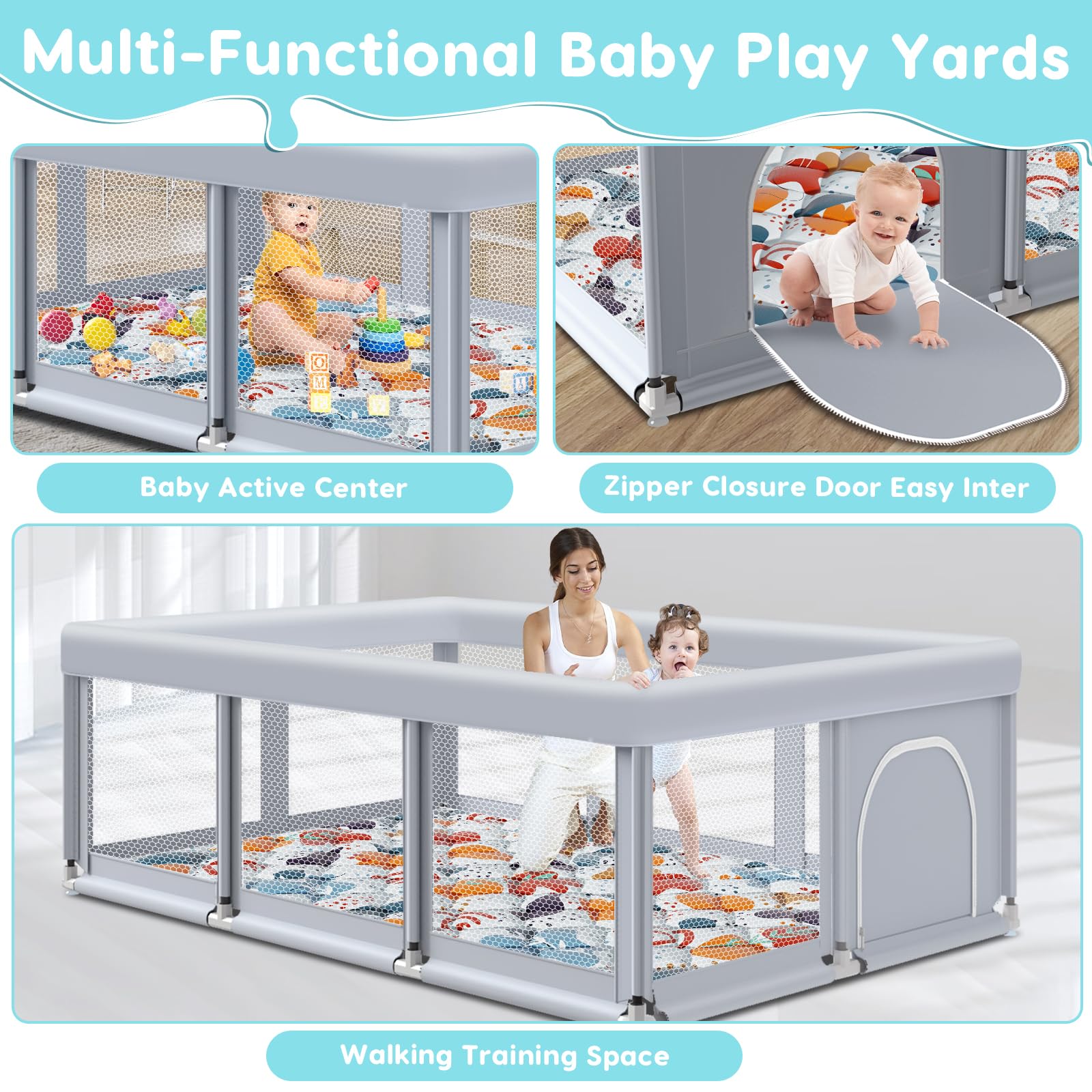 Fshibila playpen includes comfortable mat for safe play.