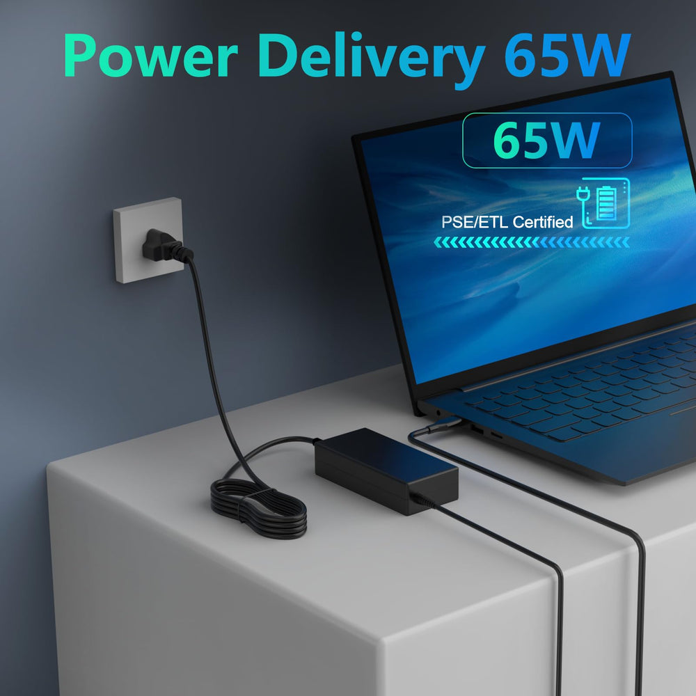 FSJTD universal 65W USB-C charger compact form factor in use.