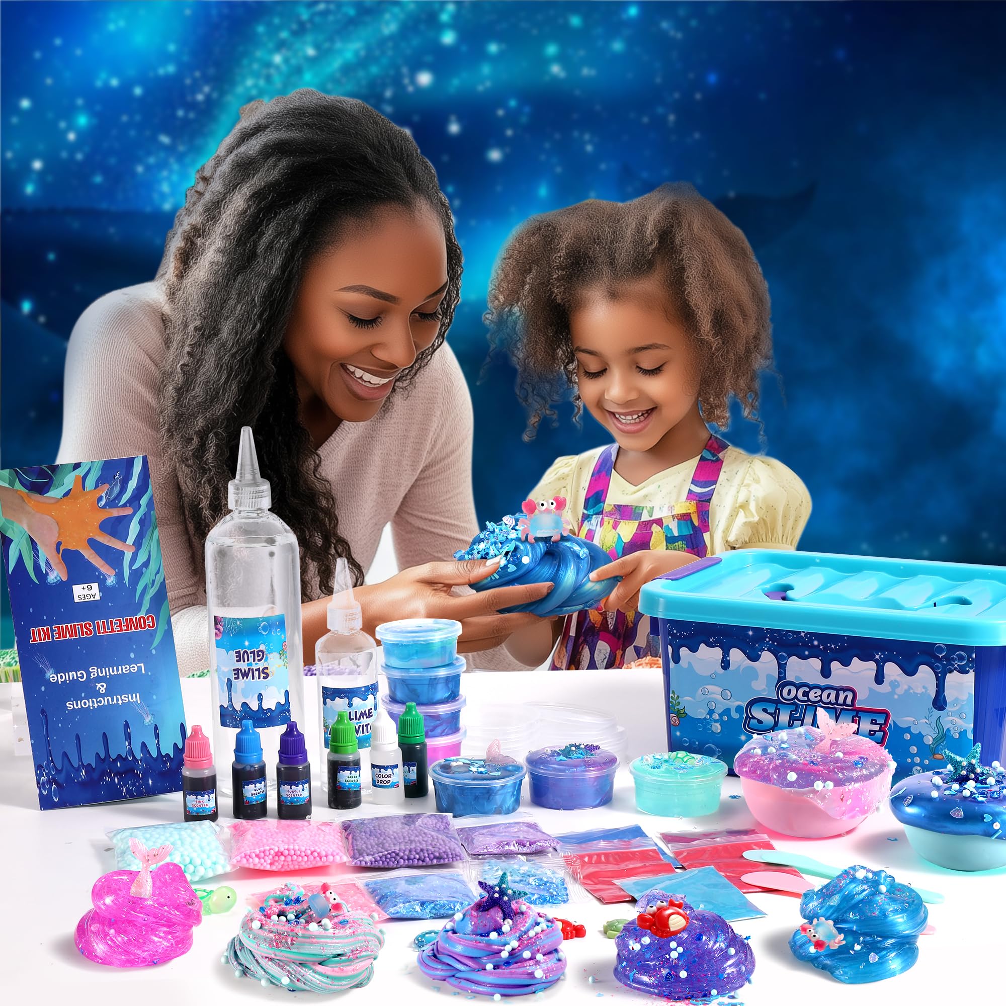 fsutvitg Ocean Slime Kit textures display showing clear, butter, and sparkle slimes.