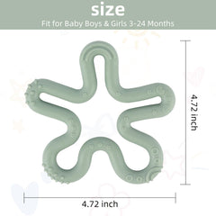 Baby holds the Fu Store teether, promoting motor skills during teething.
