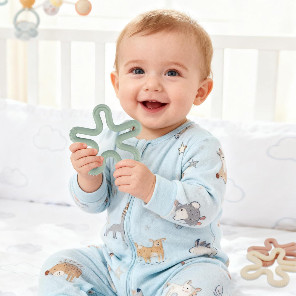 Stroller-friendly teether, compact design travels with baby for teething on the move.