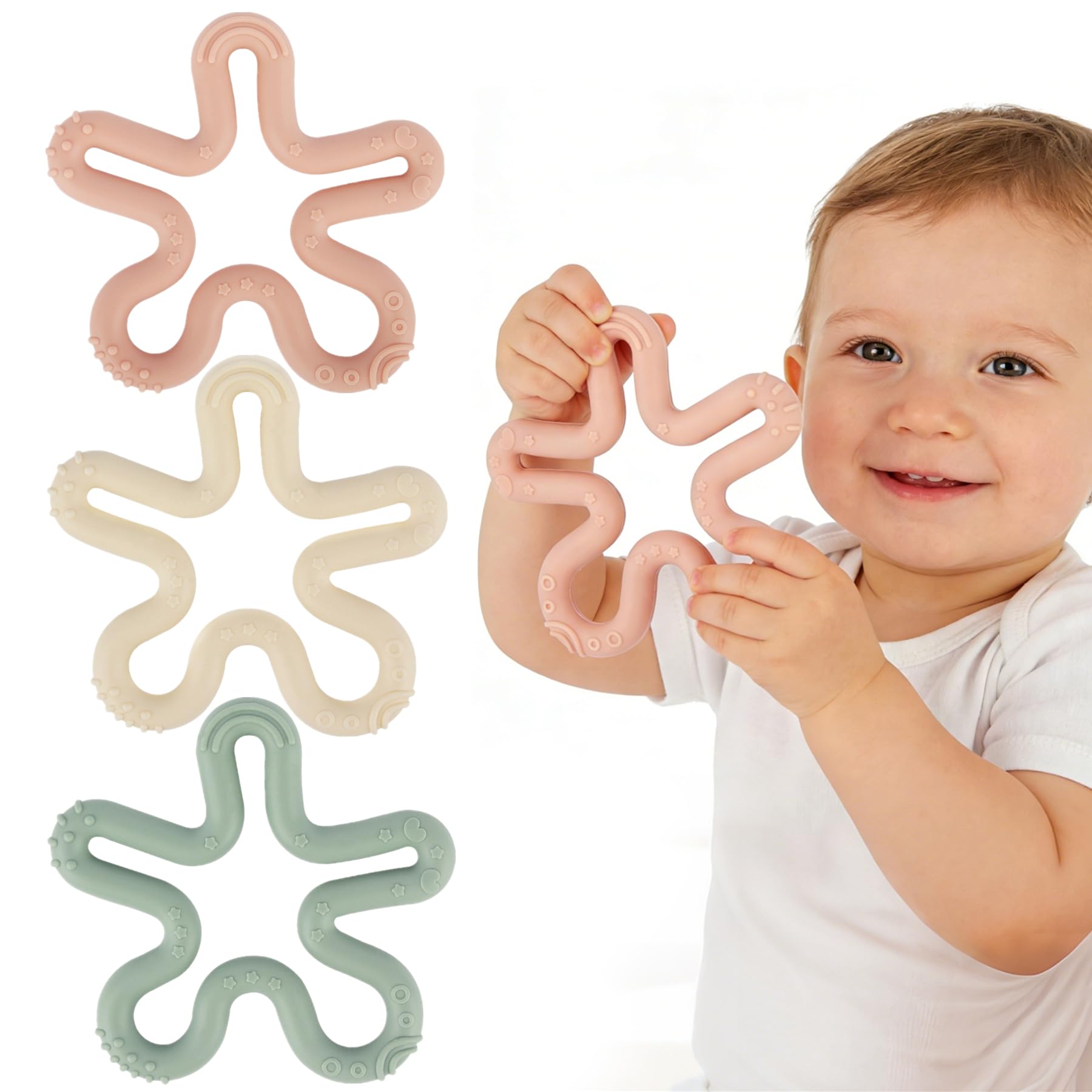 Fu Store coral flower teether, top view, ergonomic grip supports tiny hands.