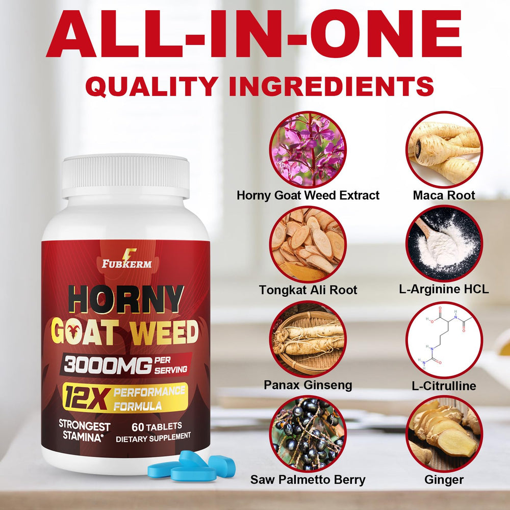 Fubkerm Horny Goat Weed label features maca and ginseng for premium blend