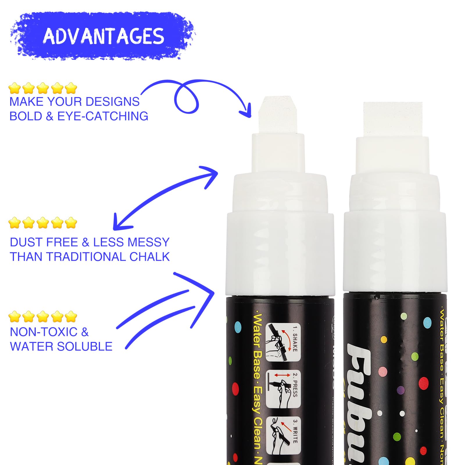 Fubullish Window Chalk Markers 5pack tip closeup – 3 in 1 reversible tip for varied lines
