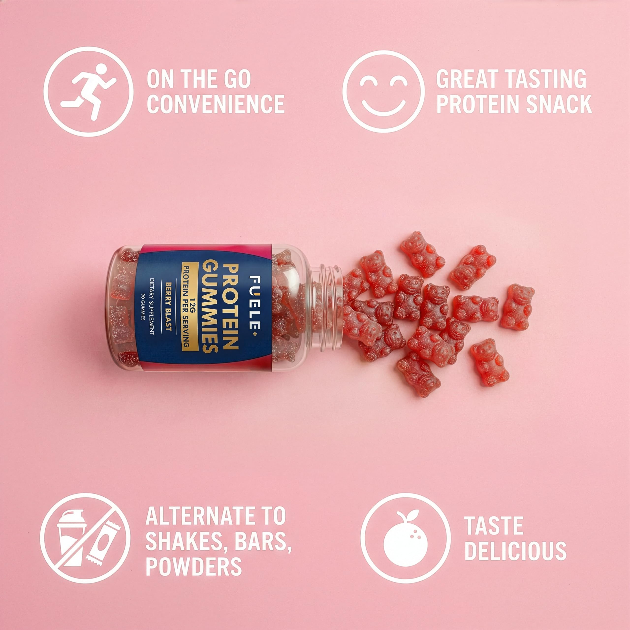 Close-up of FUELE+ gummies highlighting berry flavor and texture.