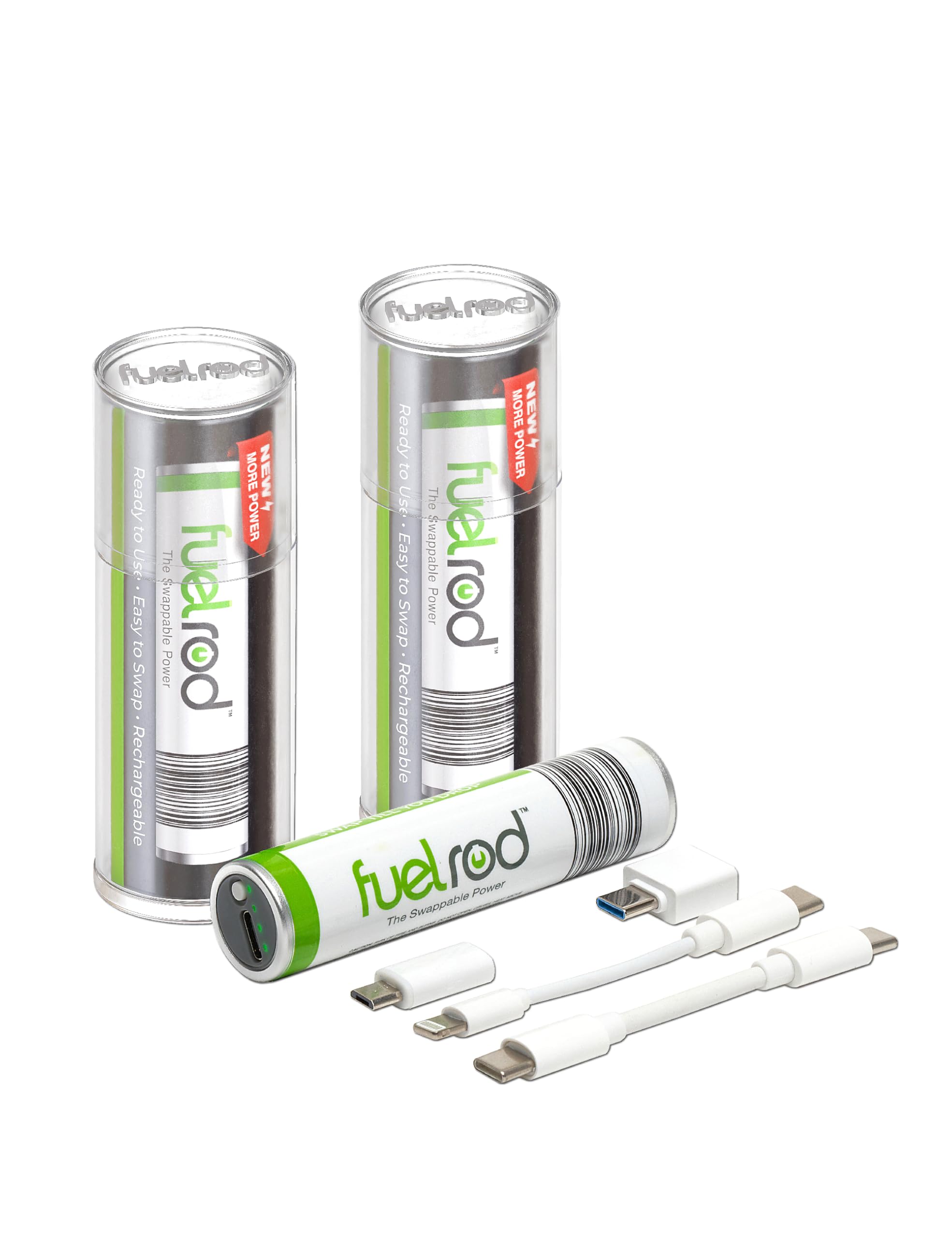 FuelRod USB-C portable charger kit, front view, ready to power devices on the go