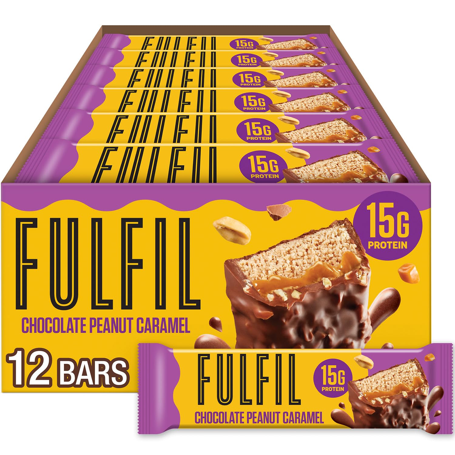 FULFIL bar peanut nougat closeup, protein-packed snack for on-the-go days.