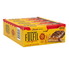 FulFIL Chocolate Peanut Butter Bar sliced to show creamy center and chocolate layers
