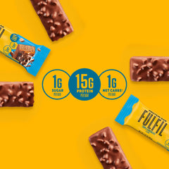 Fulfil bar nutrition panel highlighting 15g protein and 2g net carbs.