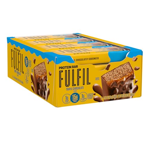Close-up of Fulfil Triple Chocolate bar with chocolate chunks and crispy bits.