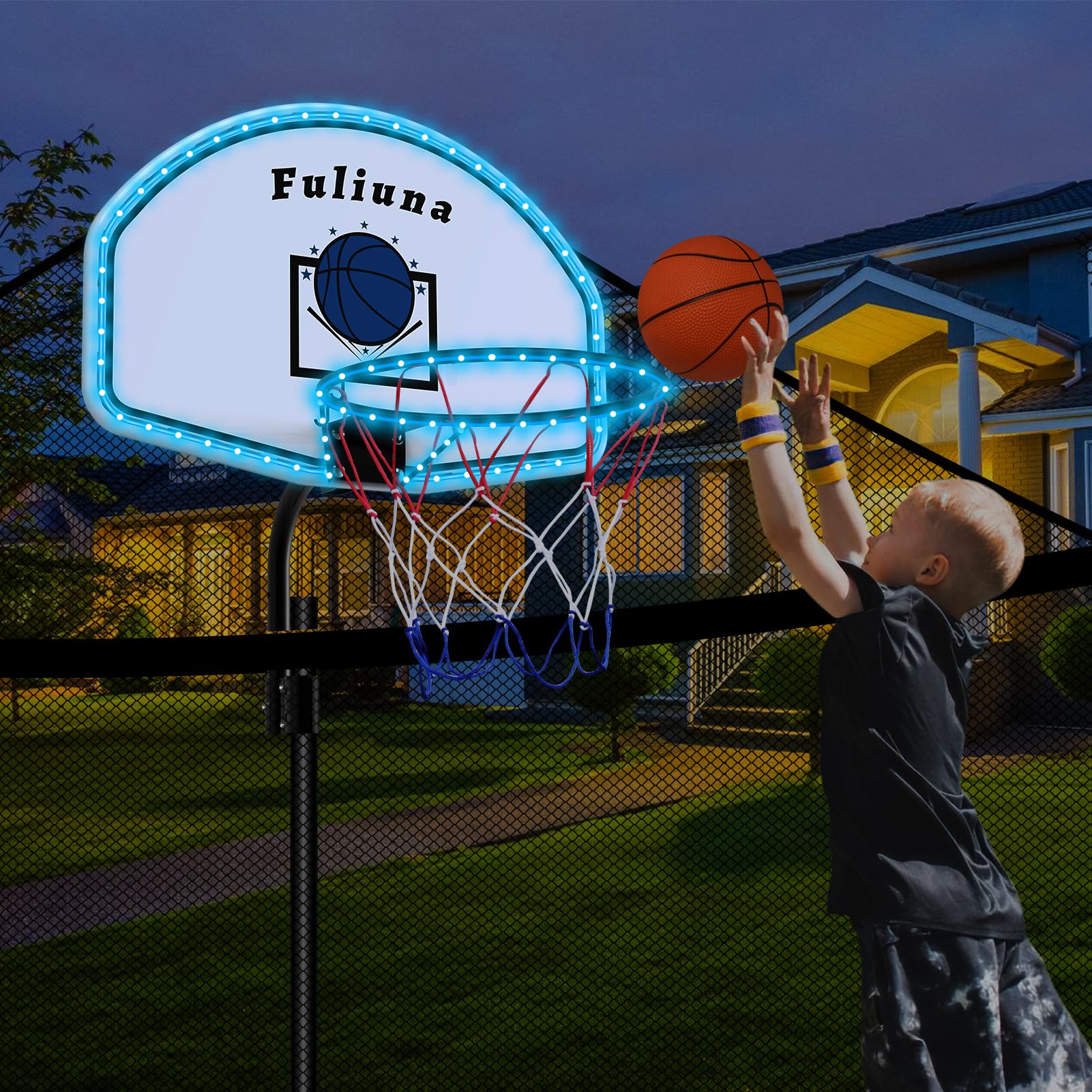 Fuliuna solar-powered trampoline hoop assembly on outdoor trampoline for family fun