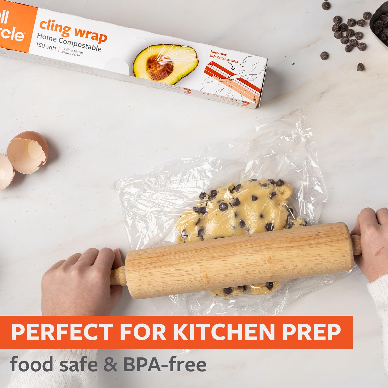 Full Circle plant-based wrap supports eco-friendly kitchen storage and recycling goals.