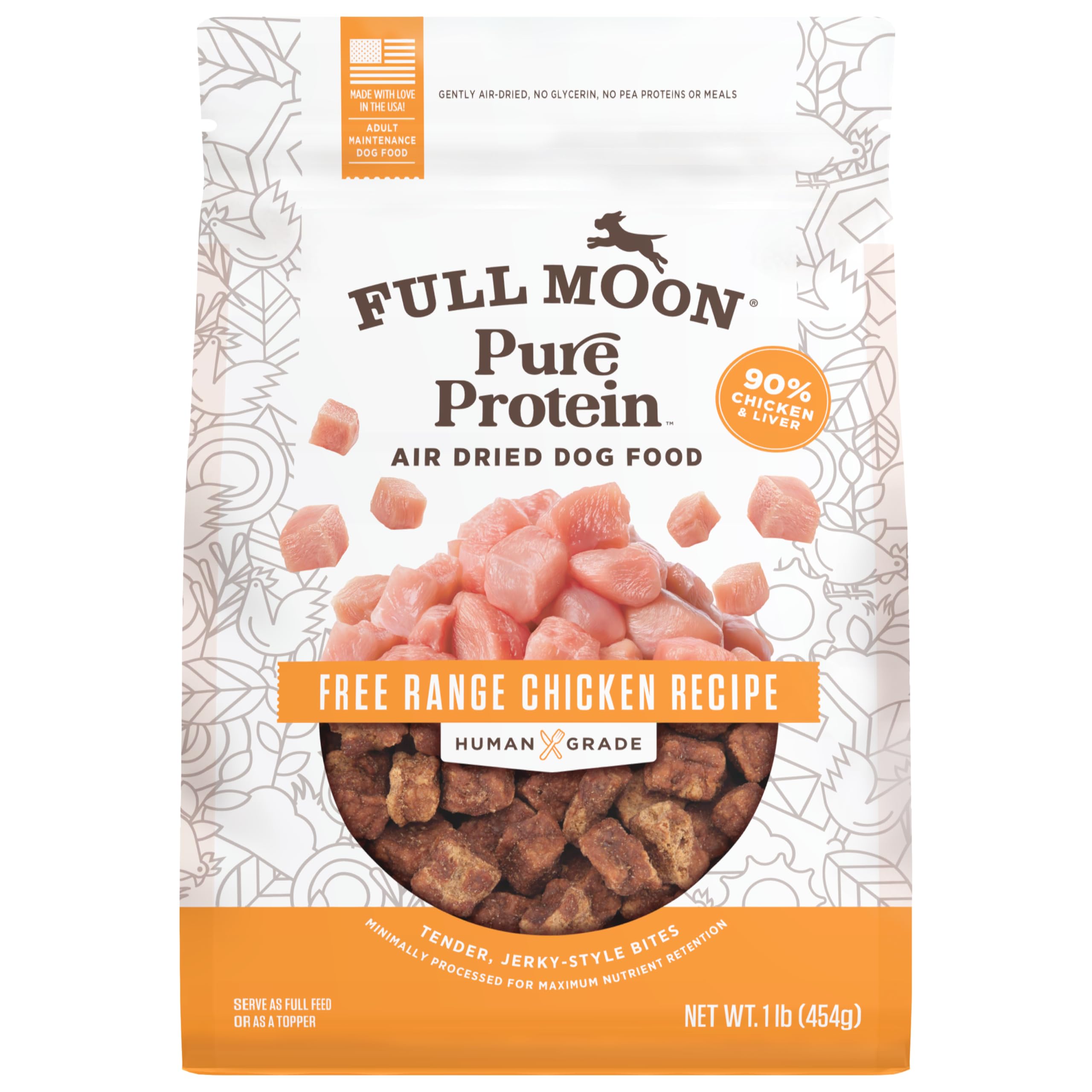 Full Moon air-dried dog food shows free-range chicken bites for tasty, digestible nutrition.