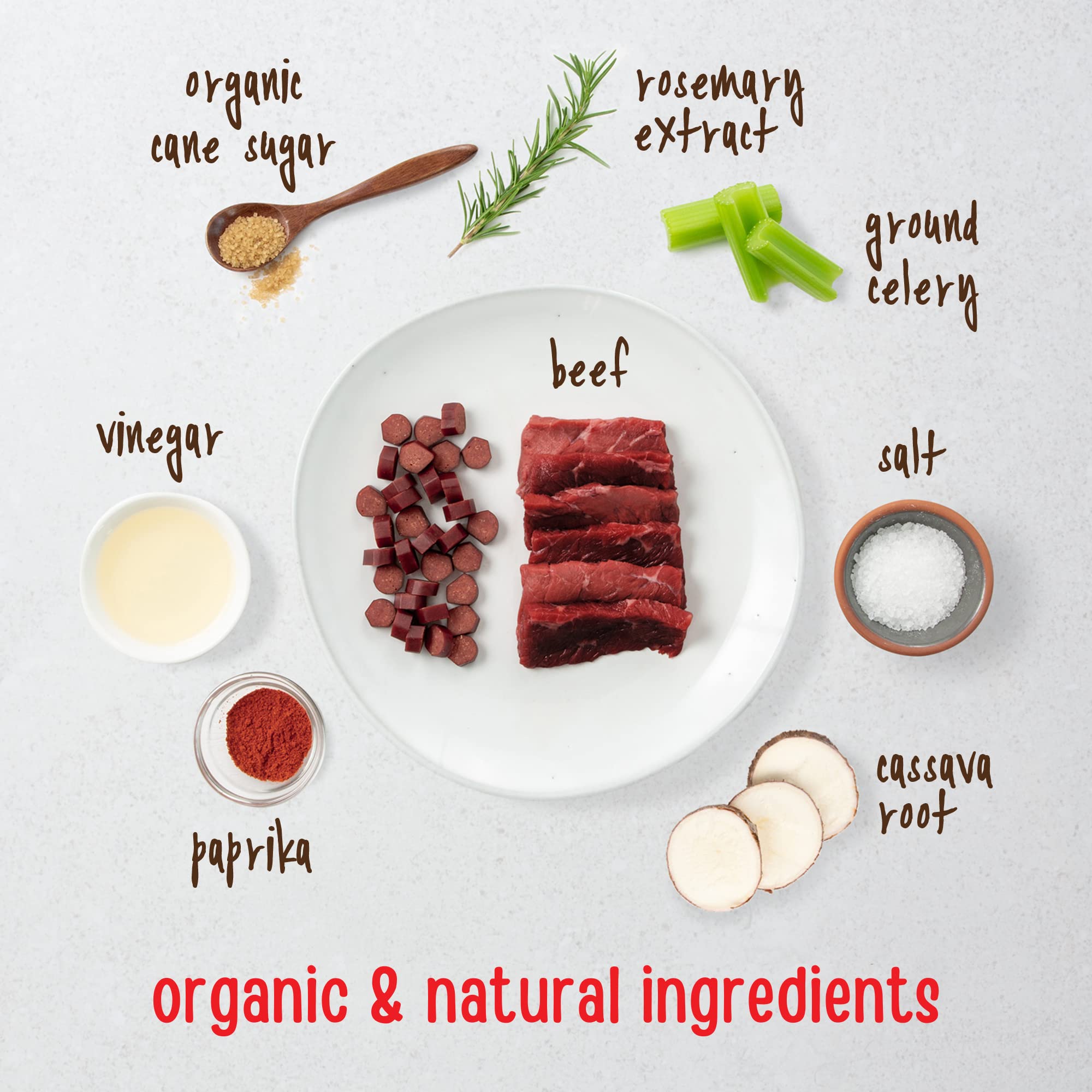 Full Moon Beef Bites ingredients cassava and rosemary for wholesome dog snacking.