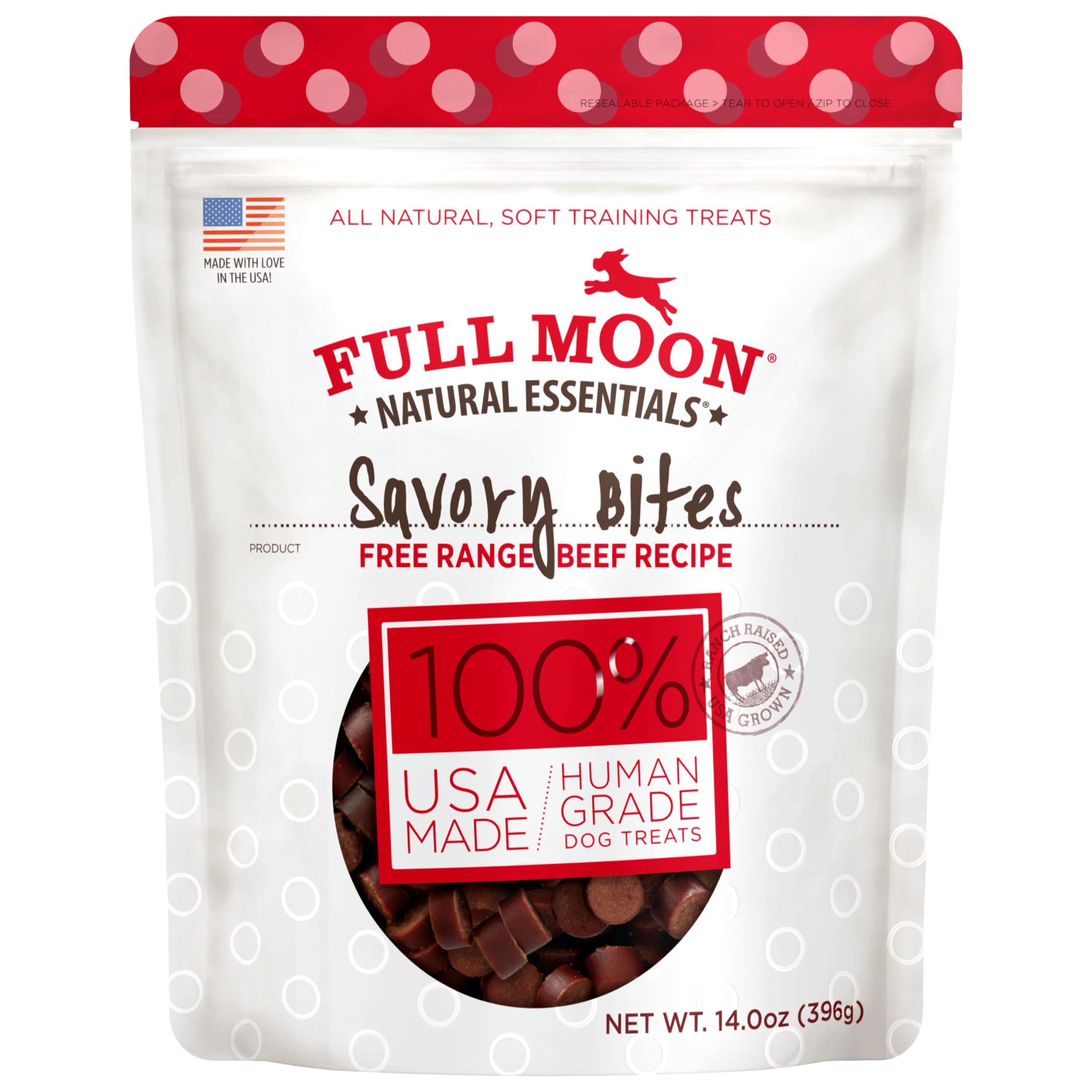 Full Moon Beef Savory Bites package shows natural ingredients and human-grade quality.