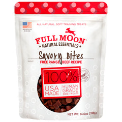Full Moon Beef Savory Bites package shows natural ingredients and human-grade quality.