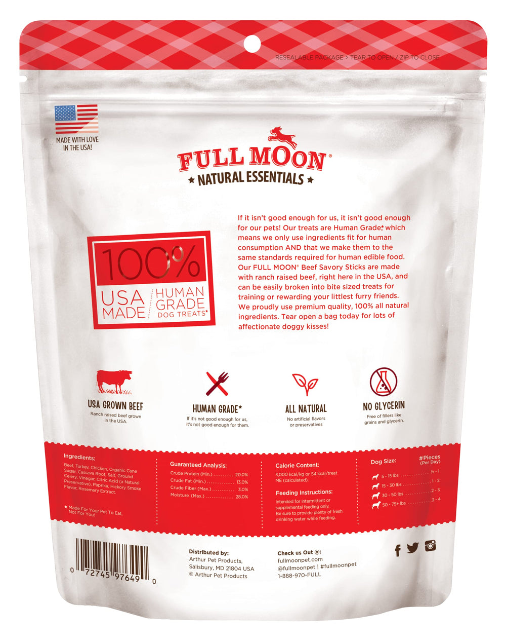 Close-up of Full Moon beef sticks with natural ingredients shown
