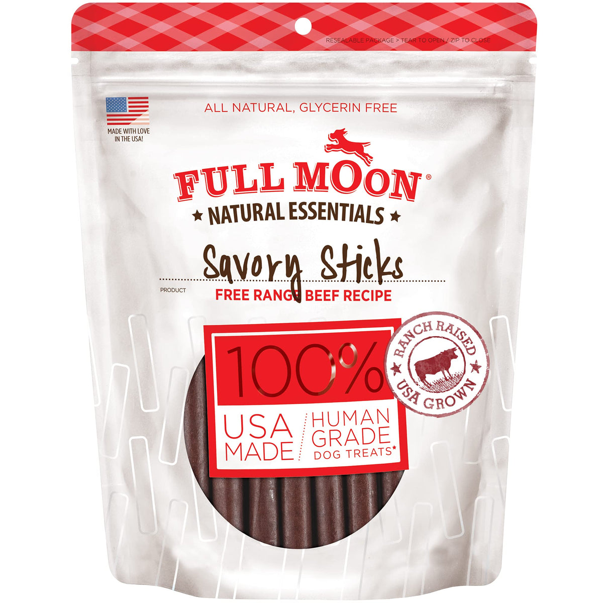 Full Moon Essential Beef Savory Sticks pack showcasing premium, natural ingredients