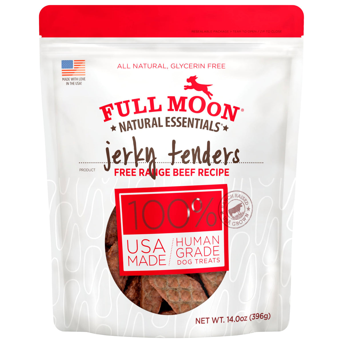 Full Moon Essential Beef Tenders packshot showing premium, human-grade dog treats for rewards.