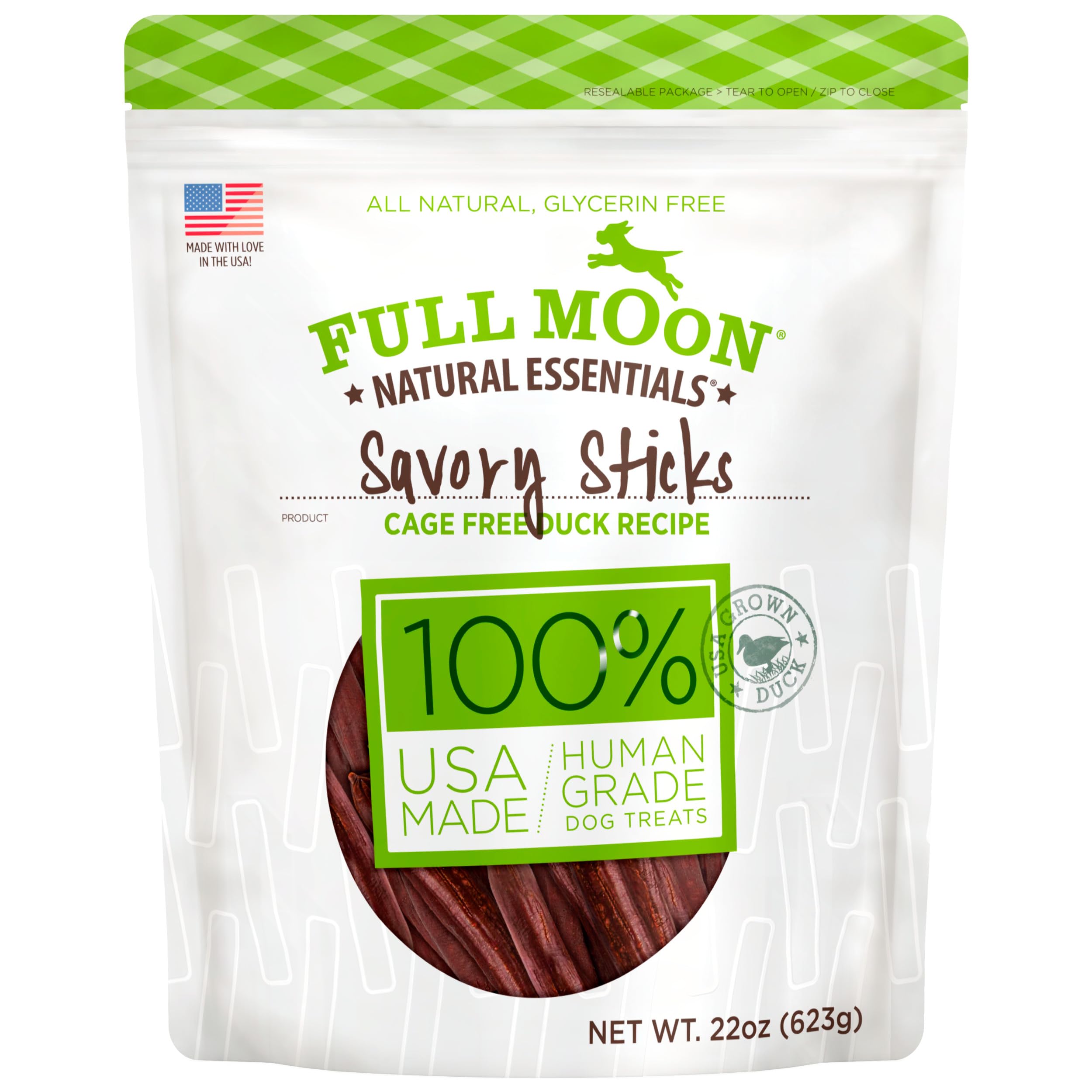 Full Moon Essential Duck Sticks bag closeup with a natural, satisfying treat.