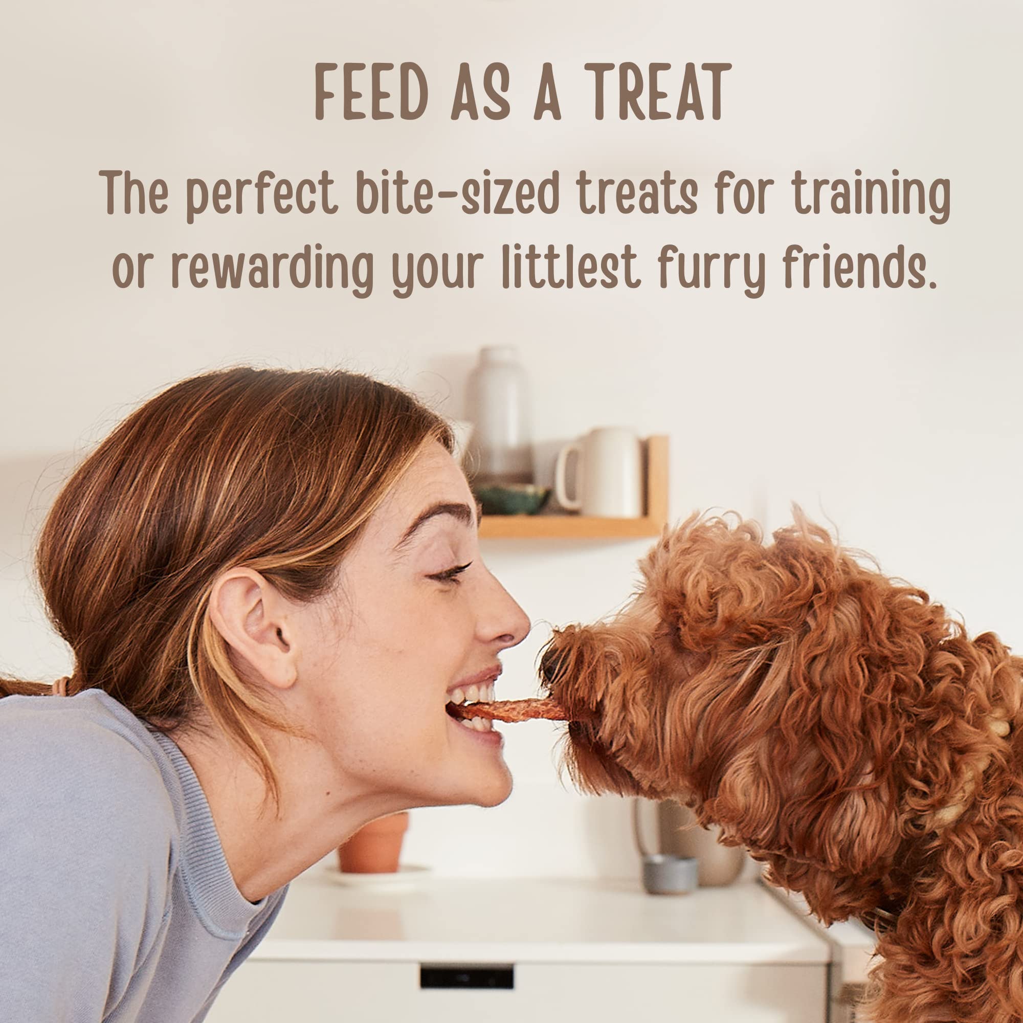 Full Moon free-range beef bites highlight wholesome, additive-free dog treats.