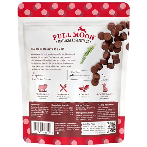 Full Moon human-grade dog treats close-up highlighting careful preparation and small-batch care.
